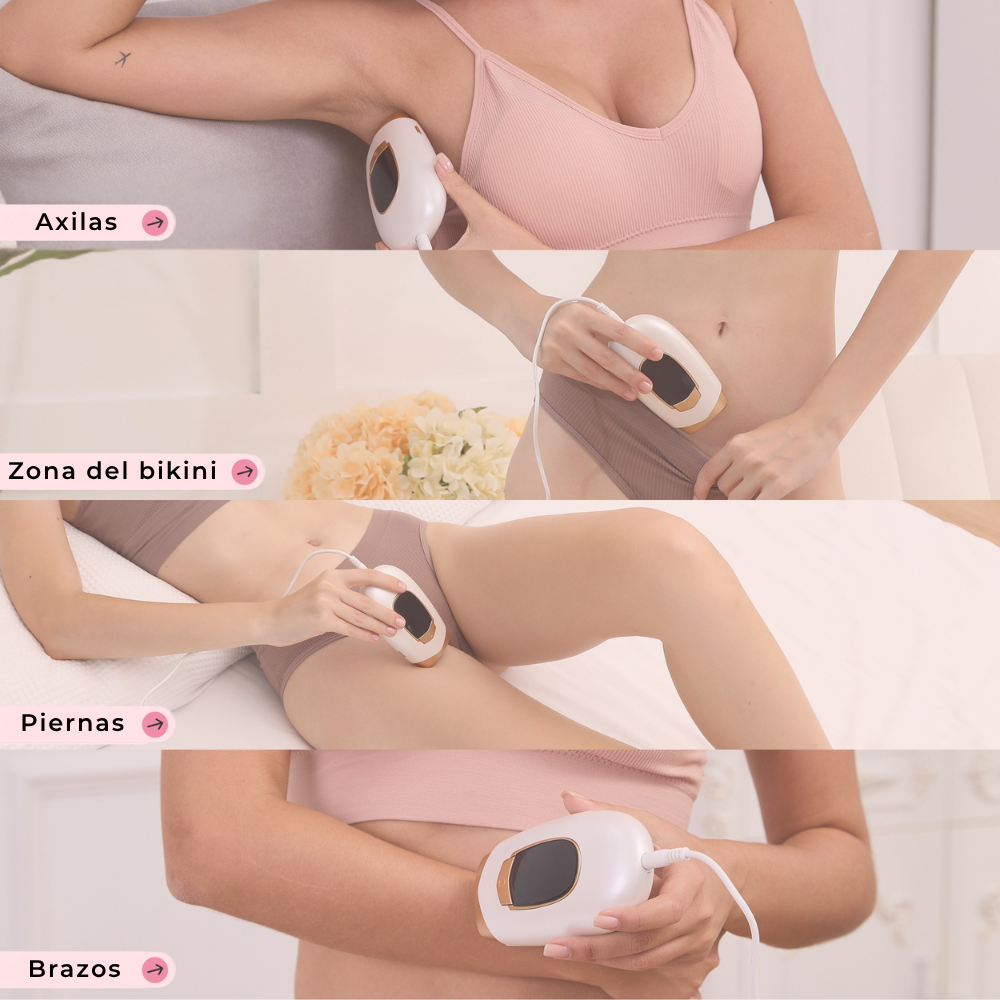 Uso del Lumina en axilas, zona del bikini, piernas y brazos – depilación IPL efectiva y segura para todo el cuerpo.