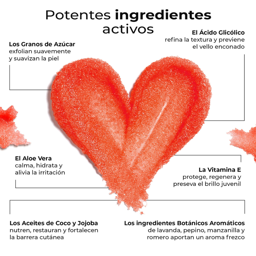 Ingredientes activos de Sugar Veil: exfoliante natural con azúcar, ácido glicólico, aloe vera, aceites de coco y jojoba, vitamina E y plantas aromáticas