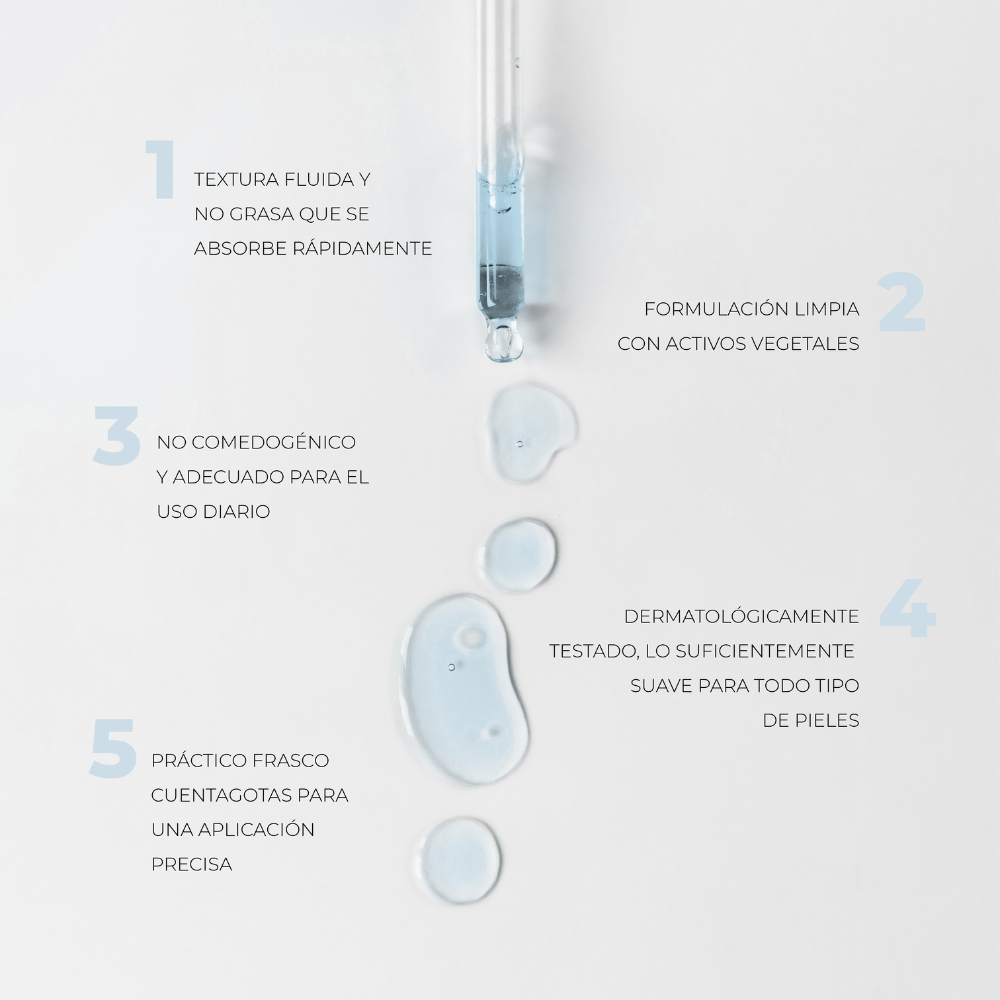 Textura fluida del suero Lumen Drop, fórmula vegetal, no comedogénico y frasco cuentagotas para aplicación precisa diaria